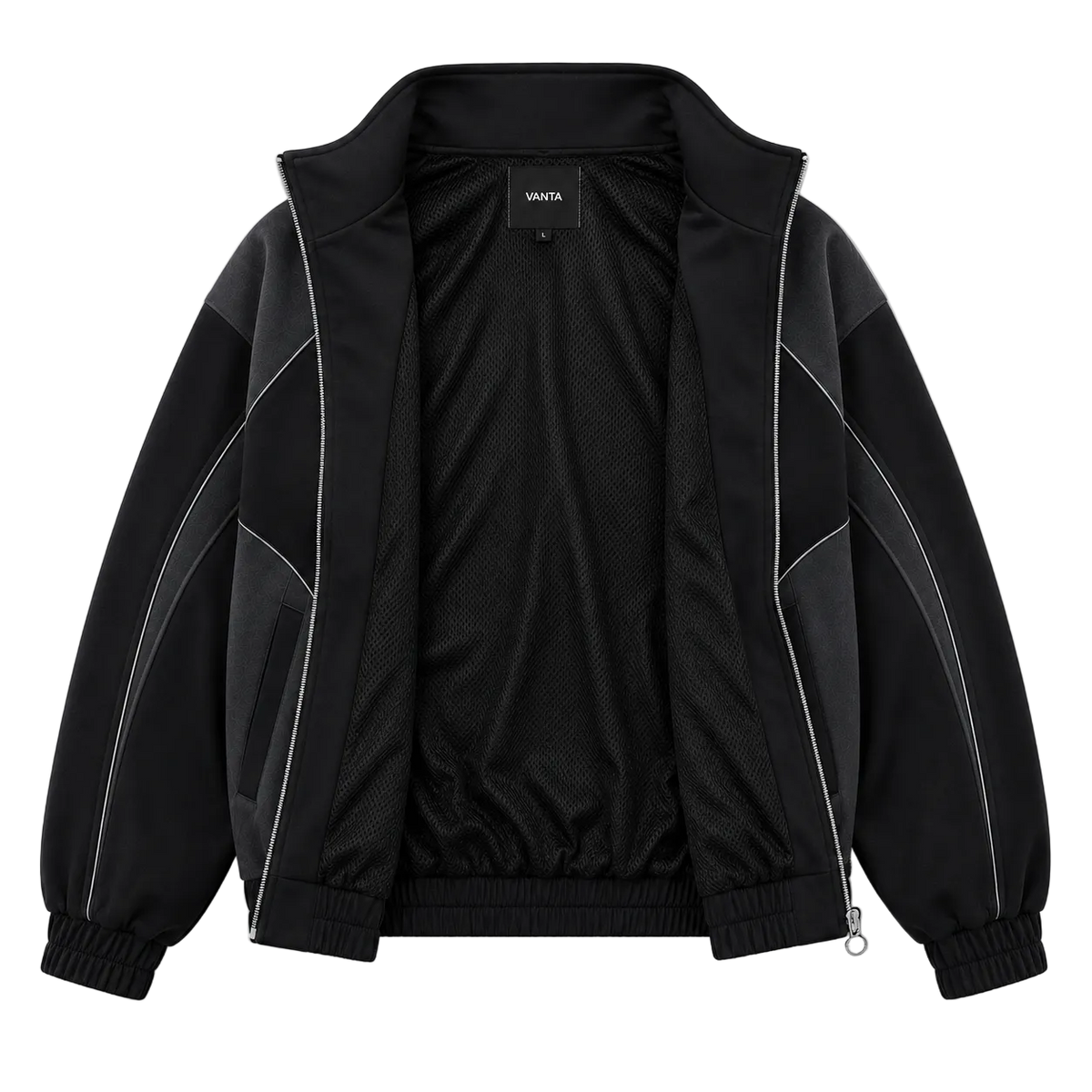 A black zip-up jacket with a high collar, featuring black mesh side panels and contrasting light gray piping details on the sleeves, shown against a plain white background.