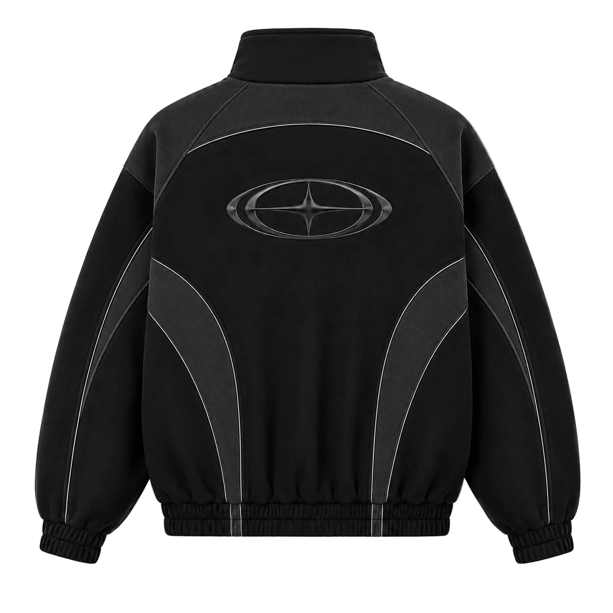 A black zip-up jacket with a mock neck, featuring a large metallic silver Subaru logo on the back, curved silver stripe details on the sides, and elastic cuffs and hem, shown against a plain white background.