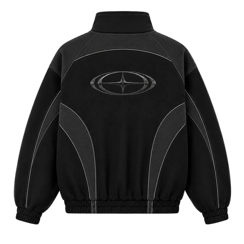 A black zip-up jacket with a mock neck, featuring a large metallic silver Subaru logo on the back, curved silver stripe details on the sides, and elastic cuffs and hem, shown against a plain white background.
