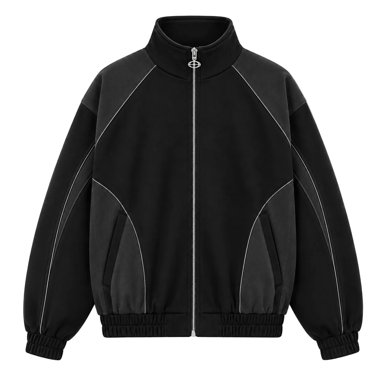 A black zip-up track jacket with contrasting dark gray panels on the shoulders, sides, and lower front, accented by thin silver contrast stitching. The jacket features a high stand-up collar, a central silver zipper, elasticized cuffs, and a ribbed hem, shown against a plain white background.