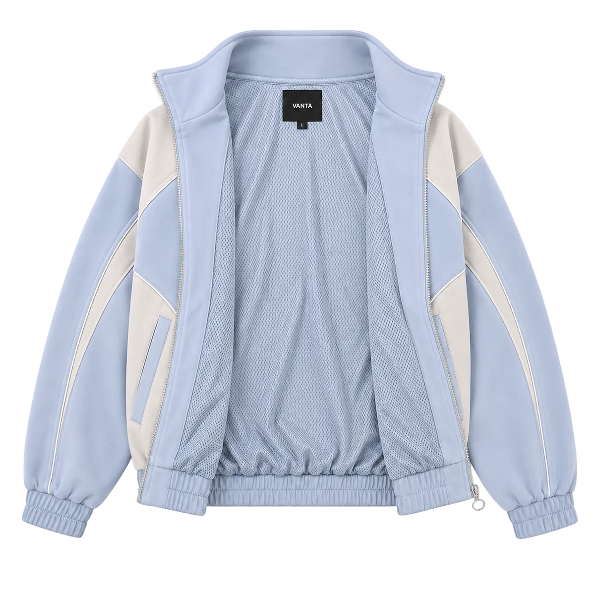 A light blue and cream color-blocked zip-up jacket with a high collar, elastic cuffs, and a mesh-lined interior, shown flat on a white background. The brand label reads 'VANTA'.