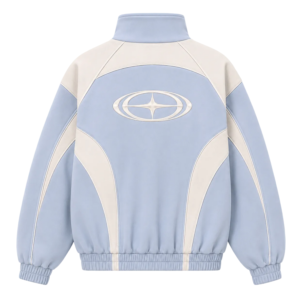 A light blue and cream color-blocked track jacket shown from the back, featuring a high mock neck, elastic cuffs and hem, and a large white geometric logo on the upper back.