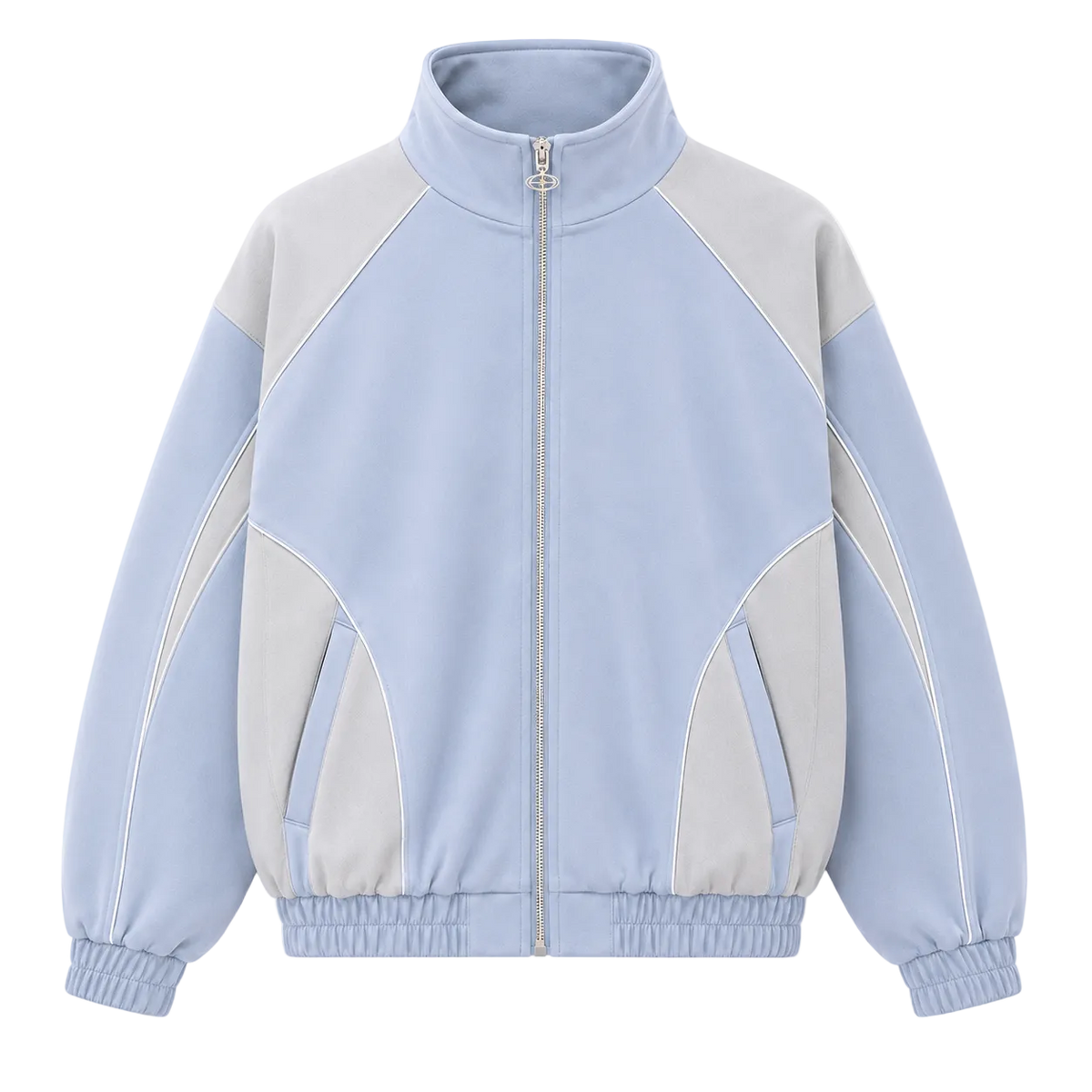 A light blue and gray color-blocked zip-up jacket with a stand-up collar, elastic cuffs, and side pockets, shown on a plain white background.