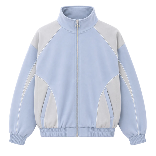 A light blue and gray color-blocked zip-up jacket with a stand-up collar, elastic cuffs, and side pockets, shown on a plain white background.
