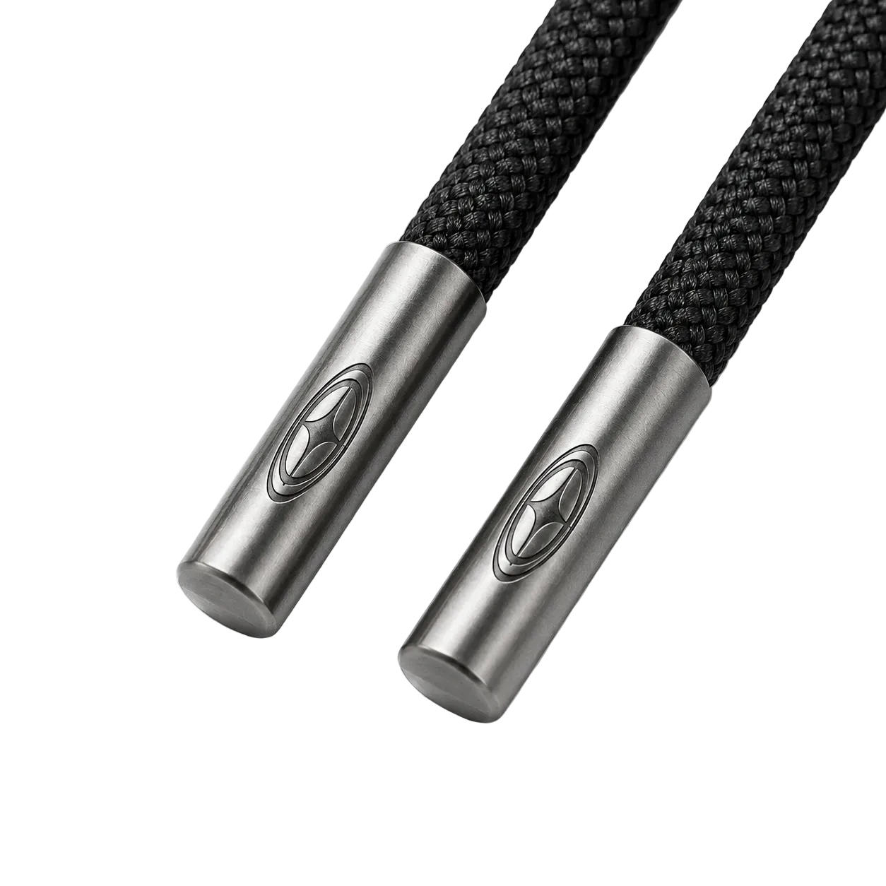 Close-up of a black braided cable with brushed metal connector ends featuring an embossed oval logo, shown on a clean white background.
