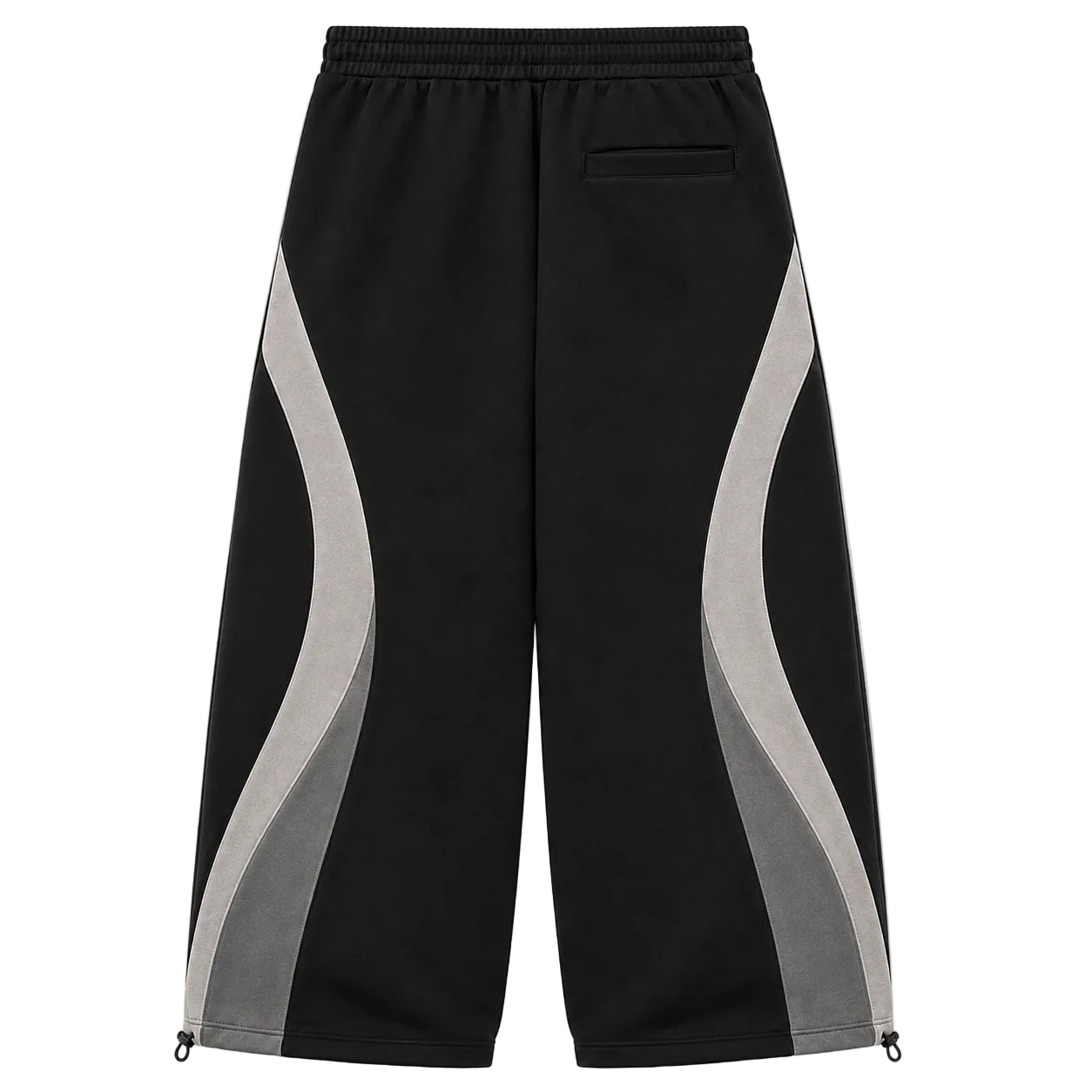Black wide-leg sweatpants with large gray wavy side panels and an elastic waistband, shown flat against a white background.