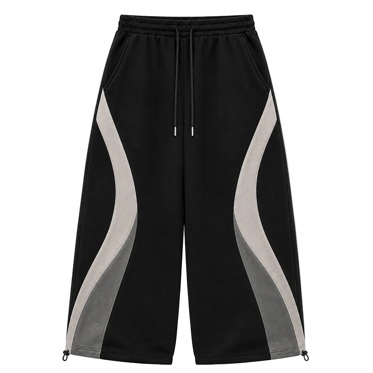 Black wide-leg sweatpants with gray and light gray wavy side panels, a black drawstring waist, and zippered ankle cuffs, shown on a plain white background.