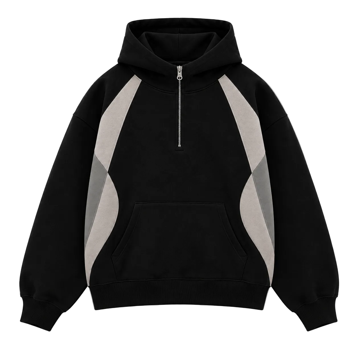 A black pullover hoodie with a half-zip neckline, a front kangaroo pocket, and contrasting light gray geometric paneling on the sides, shown against a plain white background.