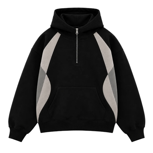 A black pullover hoodie with a half-zip neckline, a front kangaroo pocket, and contrasting light gray geometric paneling on the sides, shown against a plain white background.