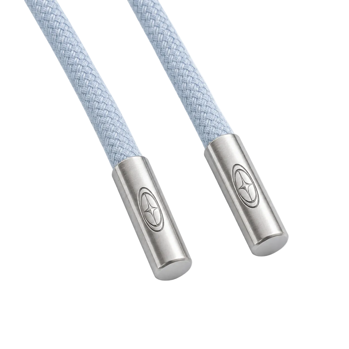A close-up of a light blue braided rope with silver metal end caps featuring an embossed circular star logo, set against a plain white background.