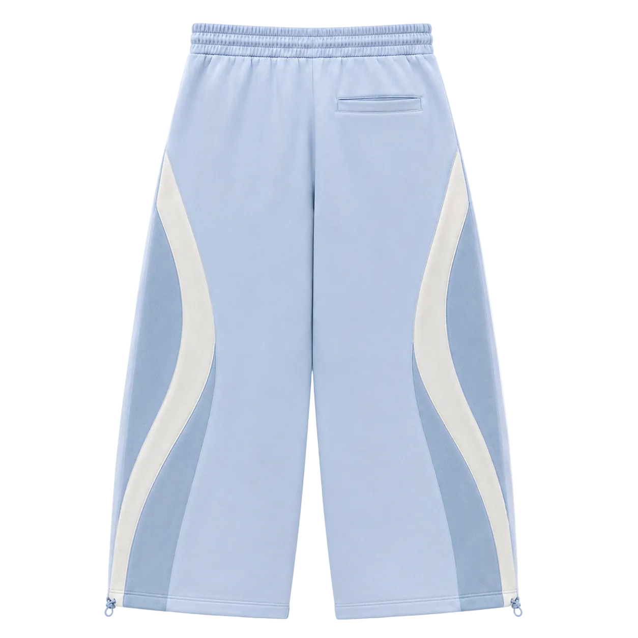 Light blue wide-leg sweatpants with white wavy side panels, an elastic waistband, and a back pocket, shown flat on a white background.