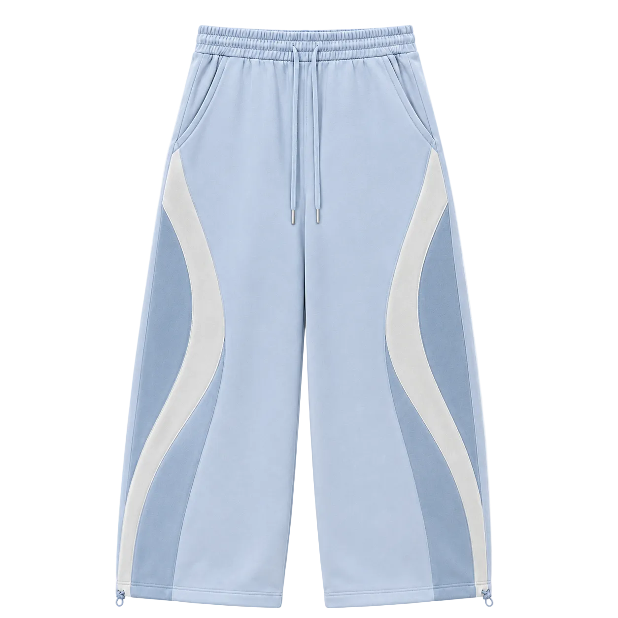 Light blue wide-leg sweatpants with contrasting white wavy side panels and a matching drawstring waist, shown flat on a white background.