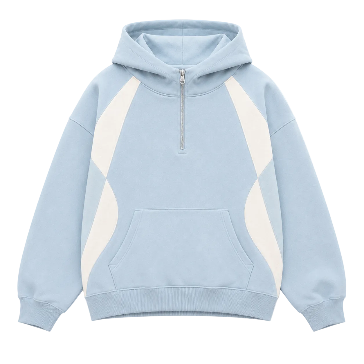 A light blue half-zip hoodie with contrasting cream-colored paneling on the chest and sleeves, displayed flat against a solid white background.