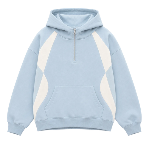 A light blue half-zip hoodie with contrasting cream-colored paneling on the chest and sleeves, displayed flat against a solid white background.